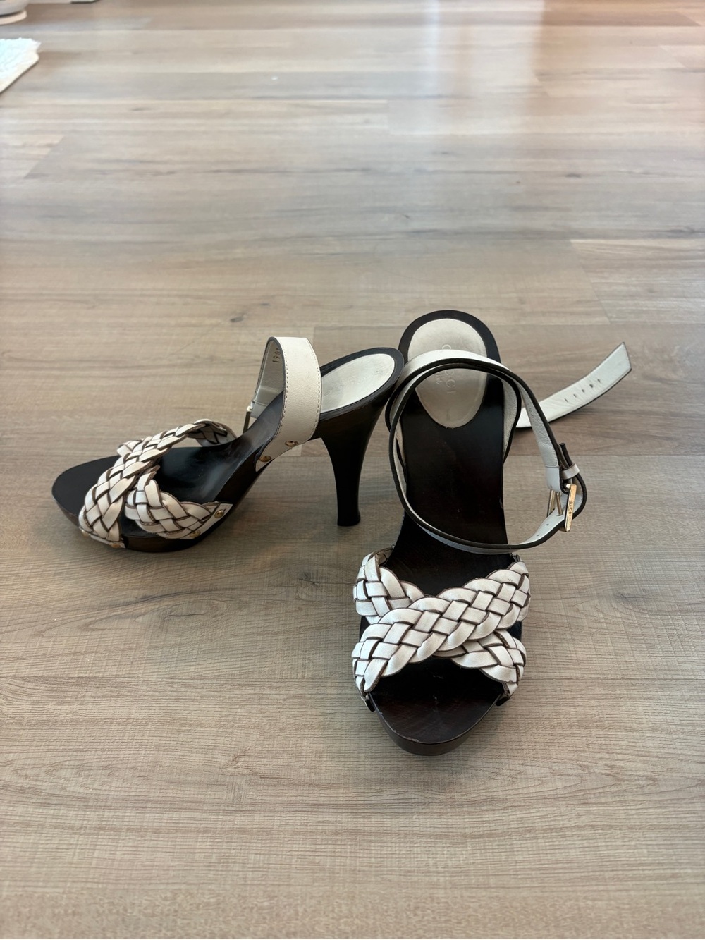 Gucci Black Footbed White Braided Strap High Heel Sandals